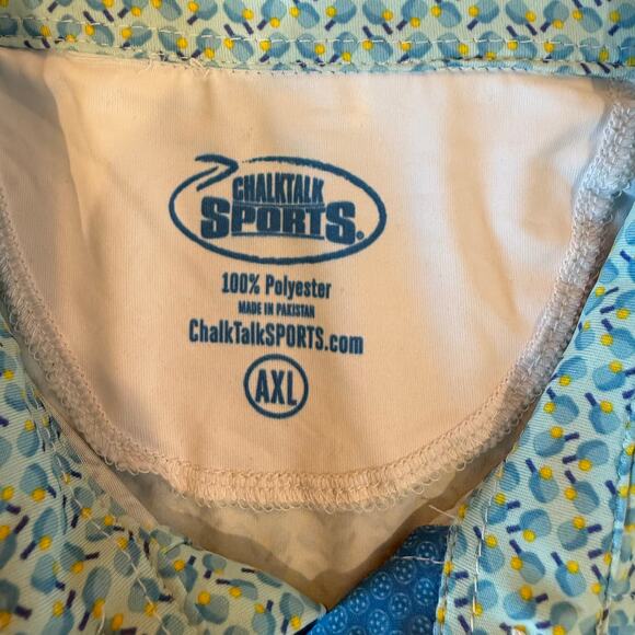 ChalkTalk Sports Tennis Polo Shirt AXL Blue Yellow Racket Print NWT - Picture 2 of 6